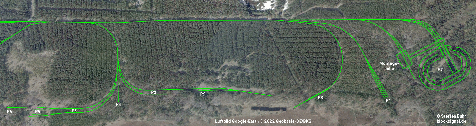 Gleisanlagen als grüne Linien im Luftbild 2009, das den an das Werk Ost anschließenden Bereich der Prüfstände aus 1800 m Höhe zeigt