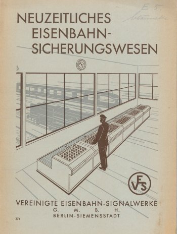 Titel, Zeichn. Vierreihenhebelwerk mit Bediener davor, durch das Fenster schemenhafte Züge, VES-Symbol, grauer Hintergrund