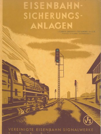 Titel, Zeichnung zum Horizont fahrende Dampflok, Gleise, 3 Lichthauptsignale, Stellwerk, VES-Symbol